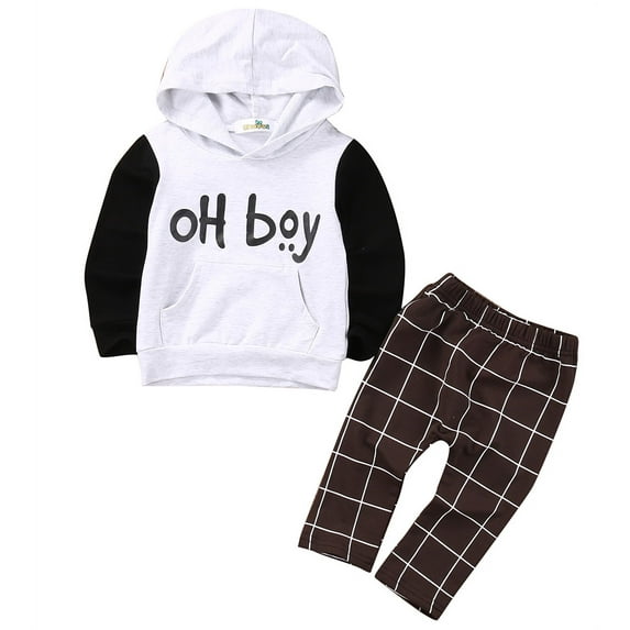 Qiylii Baby Boys Outfit Long Sleeve Letter Print Splicing Hooded Top+Plaid Pants