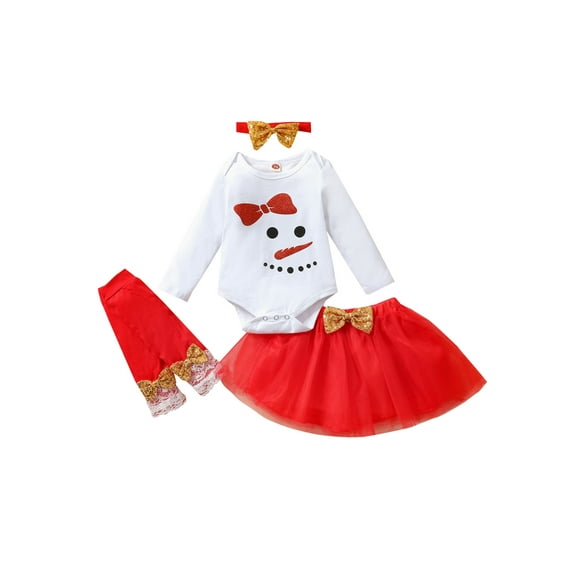 Qiylii Baby Christmas Outfitt,O-Neck Long Sleeve Romper+Skirt+Headband+Foot Cover