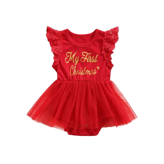 Qiylii Baby Christmas Romper Skirt, Letter Round Neck Lace Fly Sleeve Bodysuit