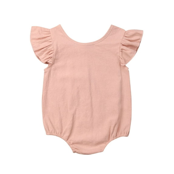 Qiylii Baby Girl Bodysuit Ruffled Flying Sleeve Romper Solid Color Button Jumpsuit