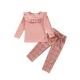 thumbnail image 1 of Qiylii Baby Girl Clothes Set O-Neck Ruffle Tops Plaid High Waist Bow Pants, 1 of 9
