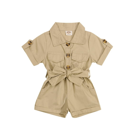 Qiylii Baby Girl Lapel Jumpsuit, Short Sleeve Solid Color Belted One-Piece Romper Shortalls
