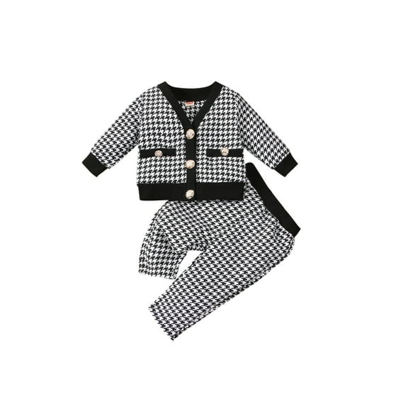 Qiylii Baby Girl Plaid Fall Outfit Set, Long Sleeve V Neck Cardigan Tops Long Pants