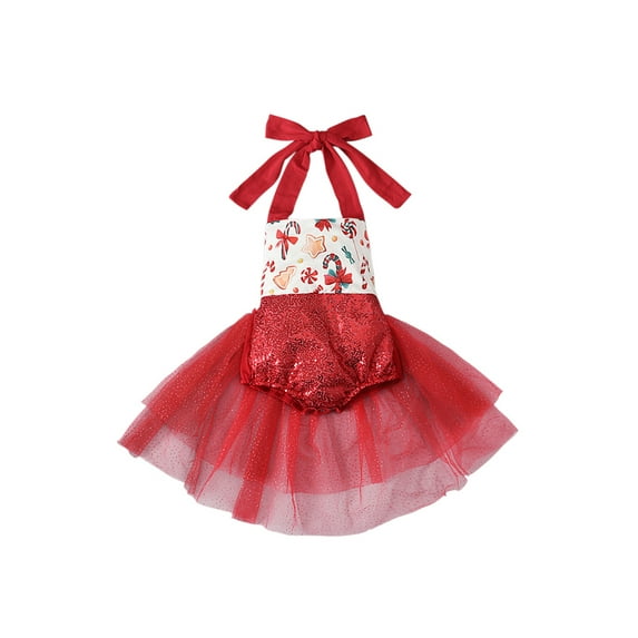 Qiylii Baby Girl’s Christmas Skirt Romper Print Sequin Mesh Yarn Hem Halter Bodysuit