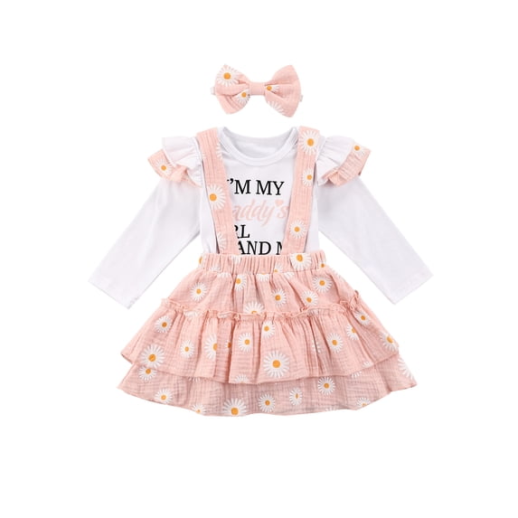 Qiylii Baby Girl’s Clothes Set Letter Romper+Daisy Suspender Skirt + Headband