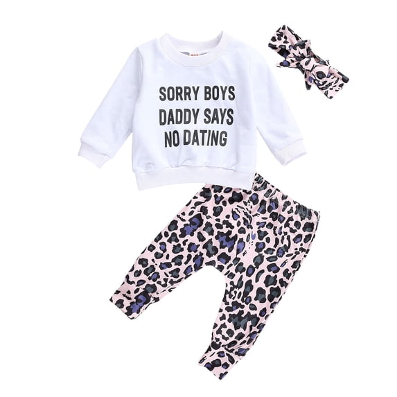 Qiylii Baby Girl's Outfit Long Sleeve Letter Top + Leopard Print Pants+Headband