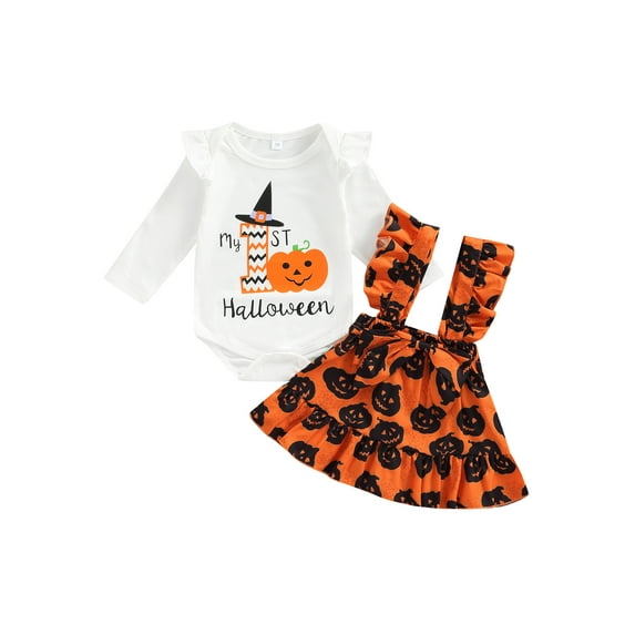 Qiylii Baby Girls 2PCS Halloween Clothes Set, Long Sleeve Letter Pumpkin Romper + Ghost Pumpkin Short Ruffle Suspender Skirt,0-24M
