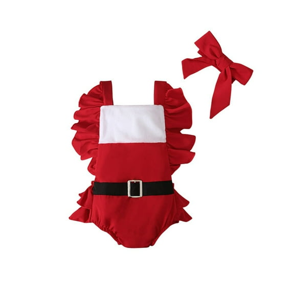 Qiylii Baby Girls Christmas Color Block Square Collar Fly Sleeve Bodysuit+Headband
