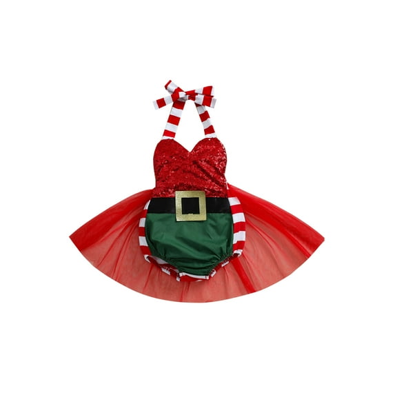 Qiylii Baby Girls Christmas Romper, Stripe Halter Neck Sequins Bodysuit