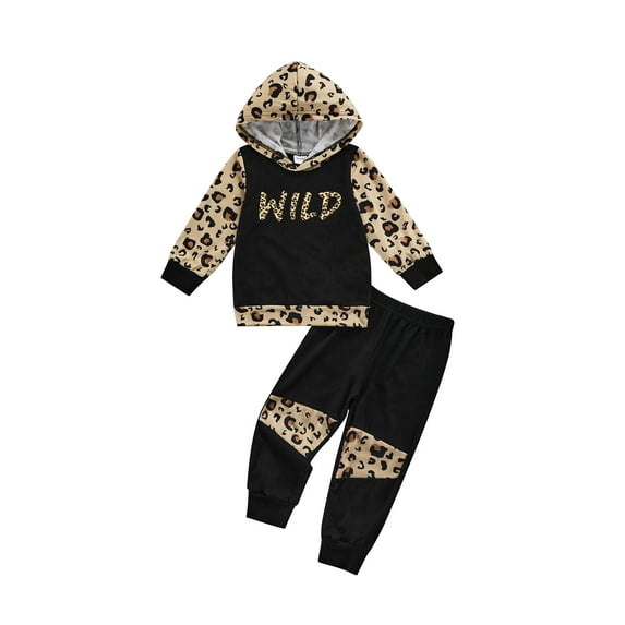 Qiylii Baby Girls Clothes Set, Leopard and Letters Print Hooded Sweatshirt and Trousers