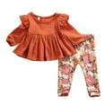 thumbnail image 1 of Qiylii Baby Girls Outfit Solid Color Ruffle Hem Tops Dress + Floral Long Pants, 1 of 8