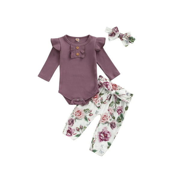 Qiylii Baby Girls Outfits Ribbed Fly Sleeve Bodysuit+Flower Trousers + Headband