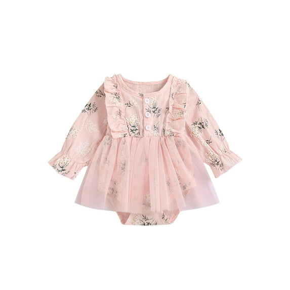 Qiylii Baby Girls Romper Long Sleeve Floral Gauze Dress Bodysuit 0-18 Months