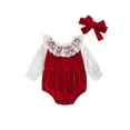thumbnail image 1 of Qiylii Baby Girls Romper, Long Sleeve Lace Hem Collar Bodysuit + Headdress, 1 of 8