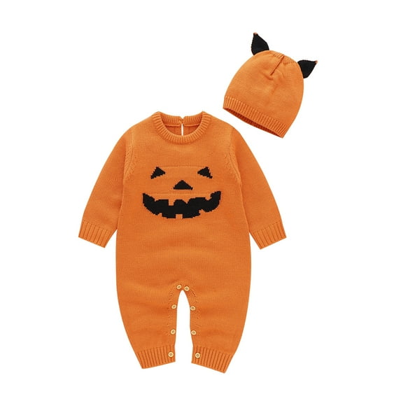 Qiylii Baby Halloween Knitted Romper, Pumpkin Face Long Sleeves Bodysuit+Hat