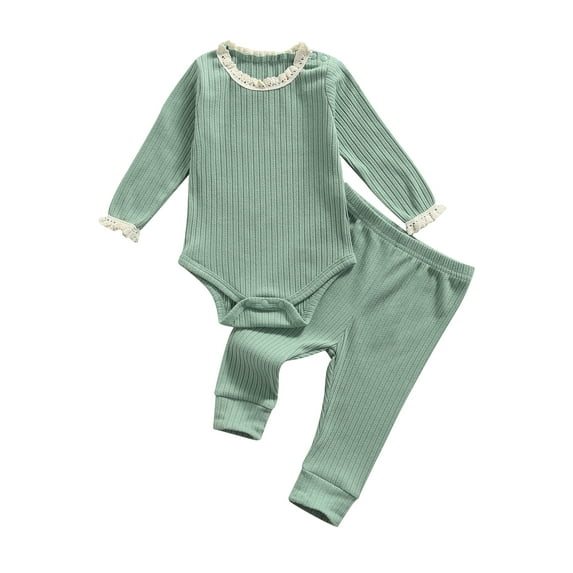 Qiylii Baby Outfit Set Lace Trim O-Neck Long Sleeve Romper+Solid Color Trousers