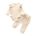 thumbnail image 1 of Qiylii Baby Ribbed Clothes Set Solid Color Ruffled Bodysuit+Bow Pants, 1 of 9