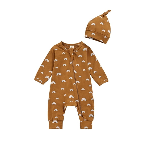 Qiylii Baby Sun/Rainbow Print Outfits Long Sleeve Round Neck Bodysuit + Cap