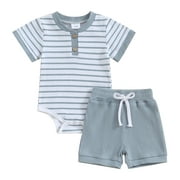Qiylii Baby Toddler Boys Girls 2 Piece Summer Outfits 0 3 6 9 12 18 Months Striped Short Sleeve Romper and Elastic Shorts Set Clothing
