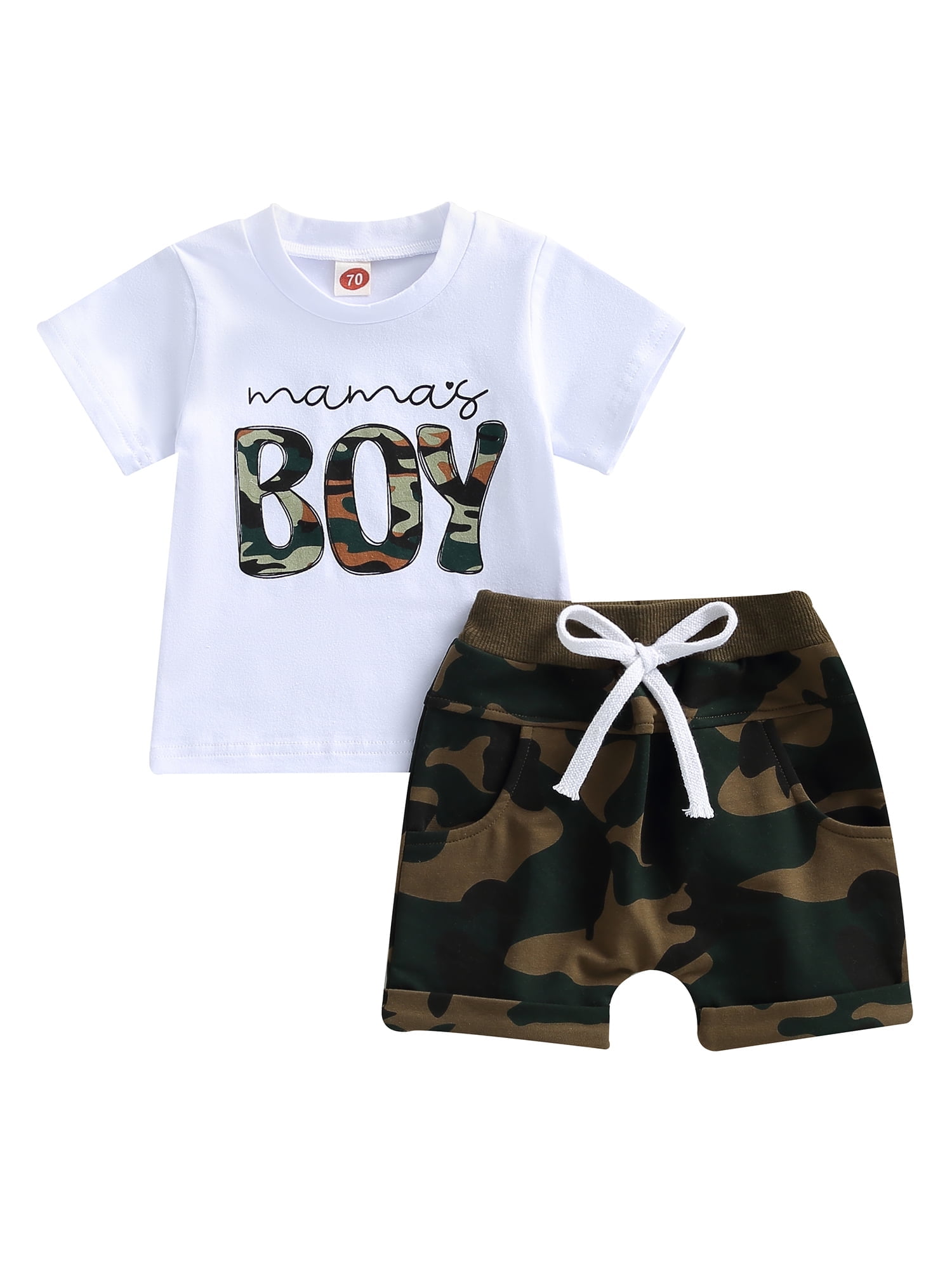 Qiylii Baby Toddler Boys Shorts Clothing Set, 0 6 12 18 24 Months 2T 3T Short Sleeve Letters Print T-shirt with Camouflage Shorts Summer Outfit