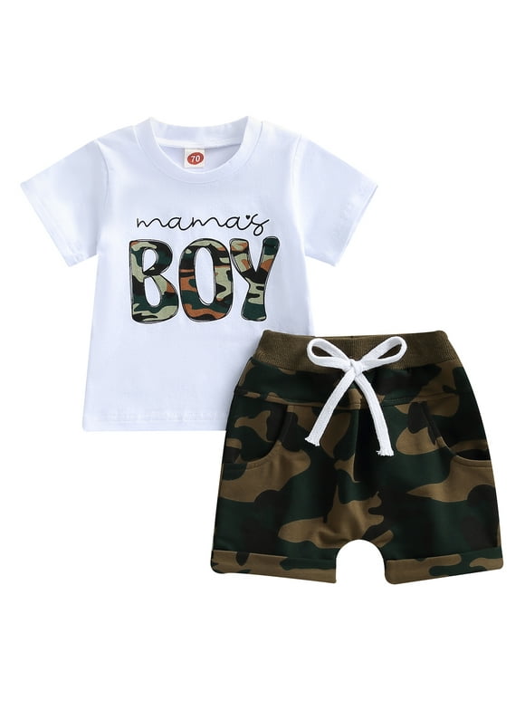 Qiylii Baby Toddler Boys Shorts Clothing Set, 0 6 12 18 24 Months 2T 3T Short Sleeve Letters Print T-shirt with Camouflage Shorts Summer Outfit
