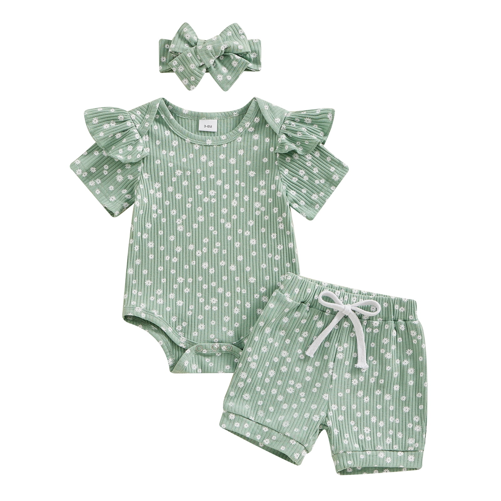 Qiylii Baby Toddler Girls 3Pcs Shorts Outfits 0 3 6 12 18 Months Clothing Set Floral Print Short Sleeve Romper with Shorts and Heaband Summer Sets