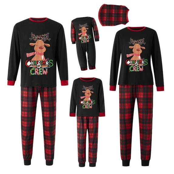 Qiylii Christmas Family Matching Pajamas Set Parent-Child Elk Print Long Sleeve Shirt and Plaid Pants Set Loungewear Soft Sleepwear for Holiday Pjs Sets with Dog