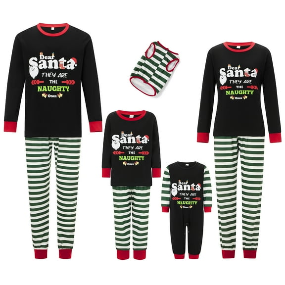 Qiylii Christmas Family Pajamas Matching Set, Long Sleeve Letters Print T-shirt with Striped Pants Sleepwear Loungewear for Holiday Pjs Outfits
