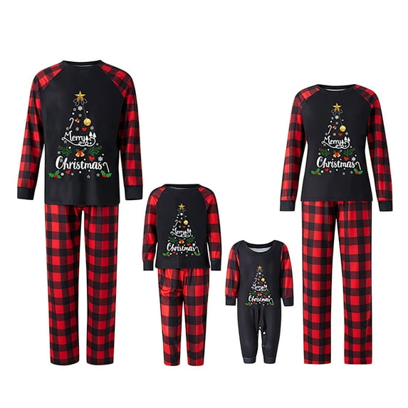 Qiylii Christmas Family Pajamas Matching Set, Parent-child Long Sleeve Letters Print T-shirt with Plaid Pants Sleepwear Loungewear for Women Men Kids Baby Holiday Outfits