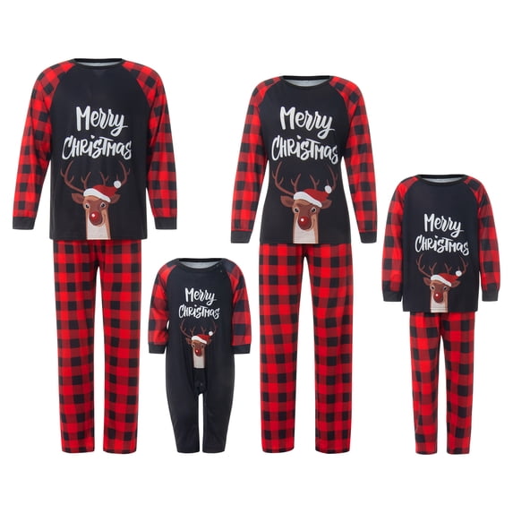 Qiylii Christmas Family Pajamas Set, Letter Deer Print Tops+Plaid Trousers