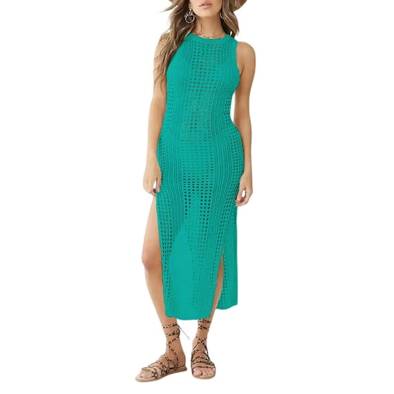 Qiylii Crochet Cover Ups for Women Summer Swimsuit Bikini Beach Cover up Hollow Out Sleeveless Side Split Long Beach Dresses