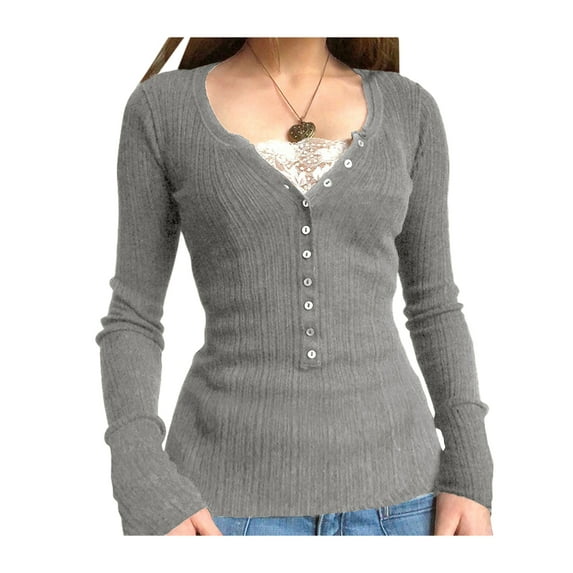 Qiylii Fairy Grunge Shirts for Women Y2K Tops Long Sleeve Lace Patchwork Tees Teen Girls Vintage Slim Blouse Fall Clothes