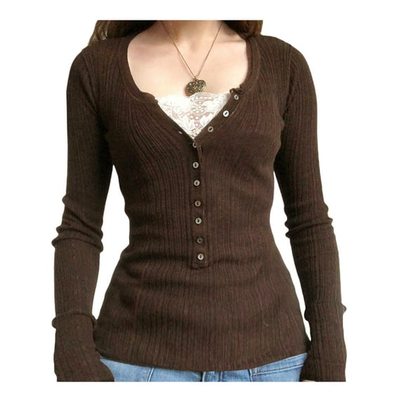 Qiylii Fairy Grunge Shirts for Women Y2K Tops Long Sleeve Lace Patchwork Tees Teen Girls Vintage Slim Blouse Fall Clothes