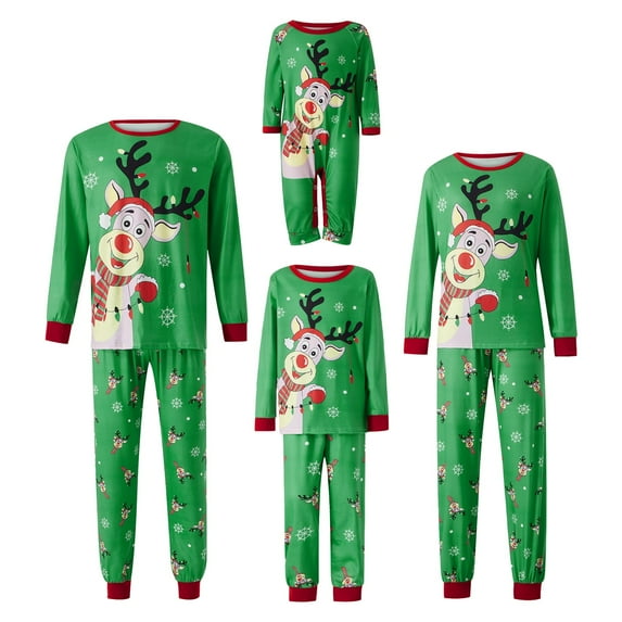 Qiylii Family Matching Christmas Pajamas, Cartoon Elk Snowflake Print Long-Sleeved Tops + Elastic Waist Trousers