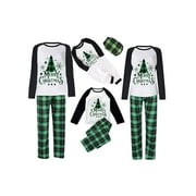Qiylii Family Matching Christmas Pajama Set, Parent-Child Letter Print Long Sleeve Tops Plaid Elastic Waist Pants for Holiday Pjs Outfits Green