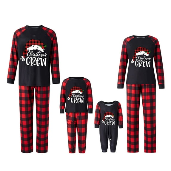 Qiylii Family Matching Christmas Pajamas Set, Parent-child Long-Sleeved Letter Print Round Neck T shirt Tops + Plaid Pattern Trousers Sleepwear Holiday Outfits