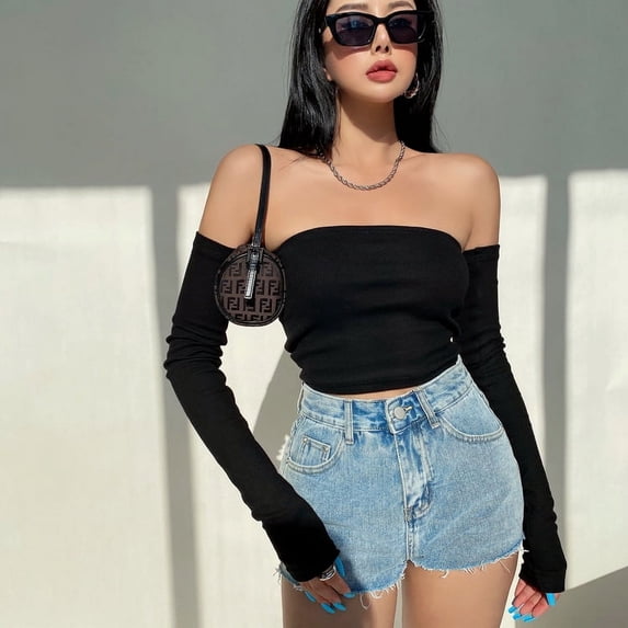 Qiylii Female Crop Tops, Solid Color Boat Neck Blouse Pullover with Long Sleeves for Summer, Apricot/Black/White/Green/Purple