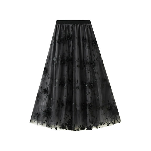 Qiylii Female Lace Tiered Skirt, Flower Embroidery High Waist Skirt