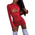 thumbnail image 1 of Qiylii Female Packet Hip Dress Solid Color V-Neck Long Sleeve Hollow Out Dress, 1 of 2