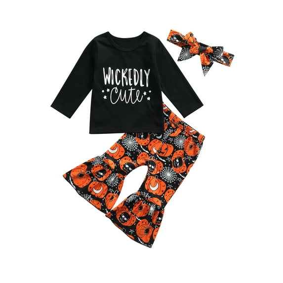 Qiylii Girl’s 3Pcs Clothes Set Letter T-shirt+Pumpkin Flare Pants+Headband Suit
