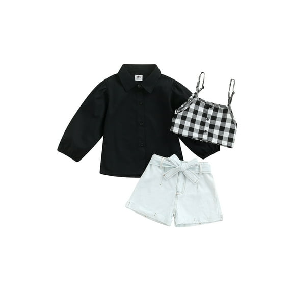 Qiylii Girl's Clothes Set, Buttons Shirt + Crop Plaid Tops + Denim Shorts + Belt