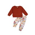 thumbnail image 1 of Qiylii Girl’s Fall Outfit Solid Color Waffle Long Sleeve Tops+Flower Long Pants, 1 of 9