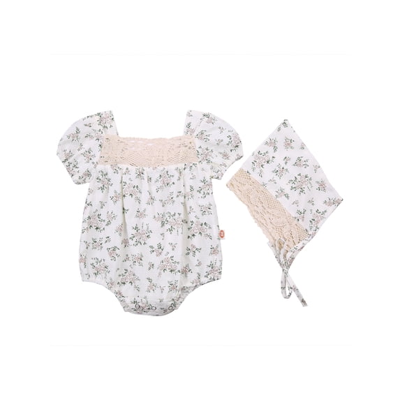 Qiylii Girl's Flower Romper, Short Sleeve Lace Decoration Bodysuit+Hat