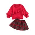 thumbnail image 1 of Qiylii Girl’s Solid Color Ruffle Long Sleeve Tops+Plaid Short Skirt,Red 1-5Year, 1 of 8
