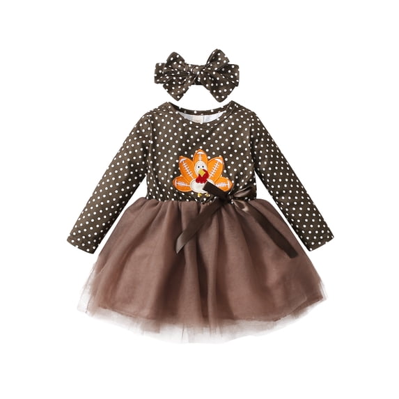 Qiylii Girl’s Thanksgiving Dress Turkey Polka Dot Mesh Yarn Tutu Dress+Headband
