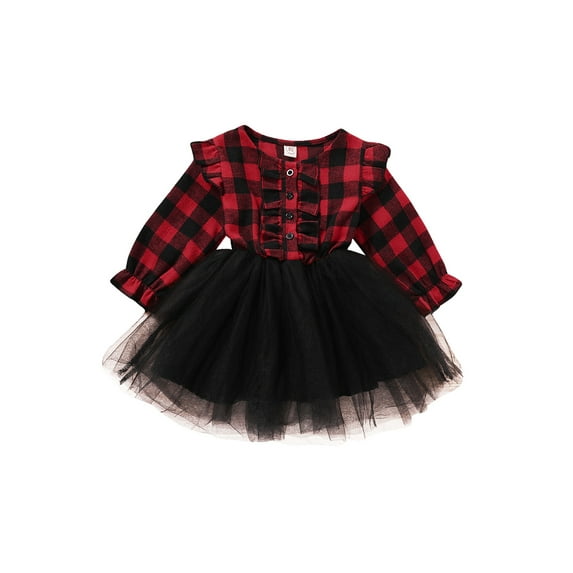 Qiylii Girls Dress Ruffle Long Sleeve Plaid One Piece Dress Lace Tutu Skirt