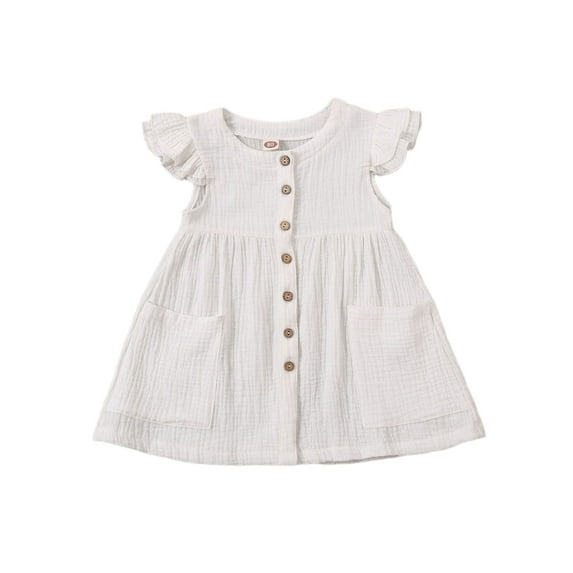 Qiylii Girls Dress Solid Color Round Collar Fly Sleeve Single-breasted Dresses