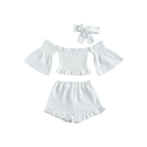 Qiylii Girls Off Shoulder Flare Sleeves Tops+Ruffle Shorts+Headband Clothes Set