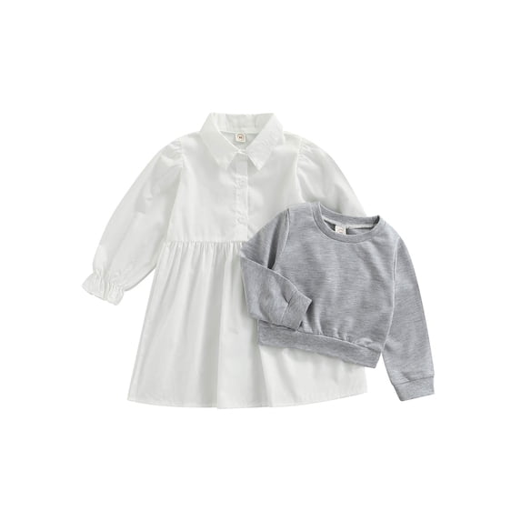 Qiylii Girls Solid Color Long Sleeve Round Neck Sweatshirt + Lapel Shirt Dress