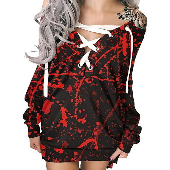 Qiylii Halloween Printed Dress, Tie-up V neck Round Neck Long Sleeve Mini Dress